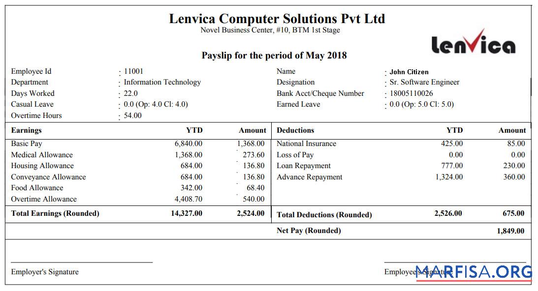 Blank Lenvica computer solutions Pvt Ltd payslip template
